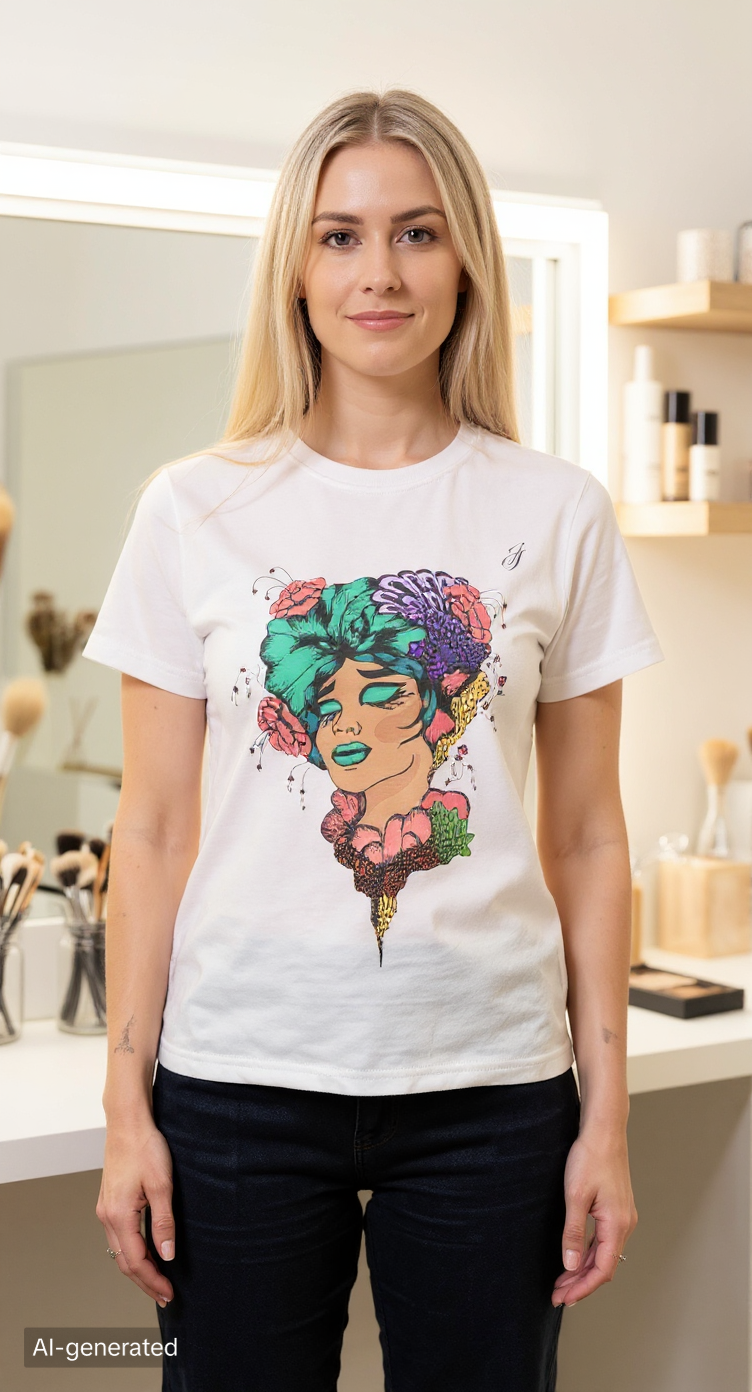 T-Shirt Femme Artistique 🎨 Visage Floral